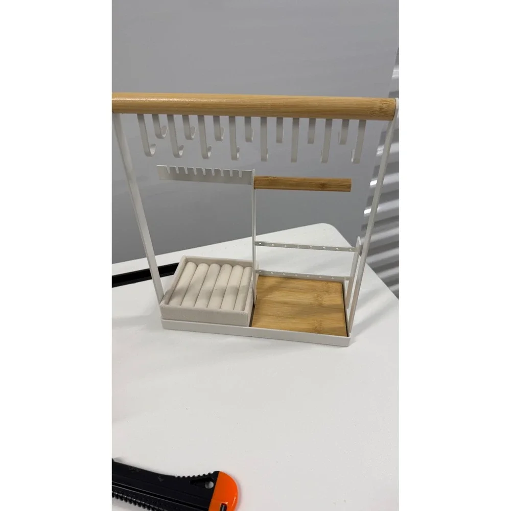 White Metal and Bamboo Jewelry Stand Organizer Necklace Holder Ring Tray
